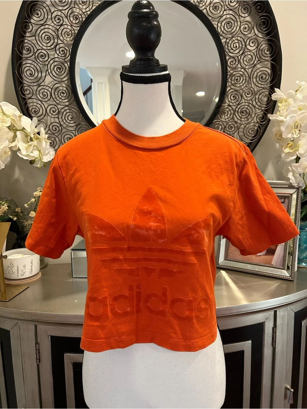 adidas Orange Velvet Trefoil Crop Top - Picture 2 of 5